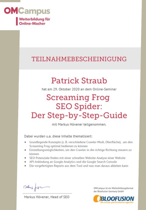 OMCampus Teilnahmebescheinigung Screaming Frog