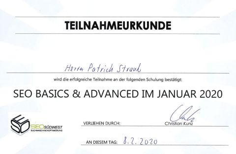 SEO Südwest SEO Basics & Advanced Zertifikat